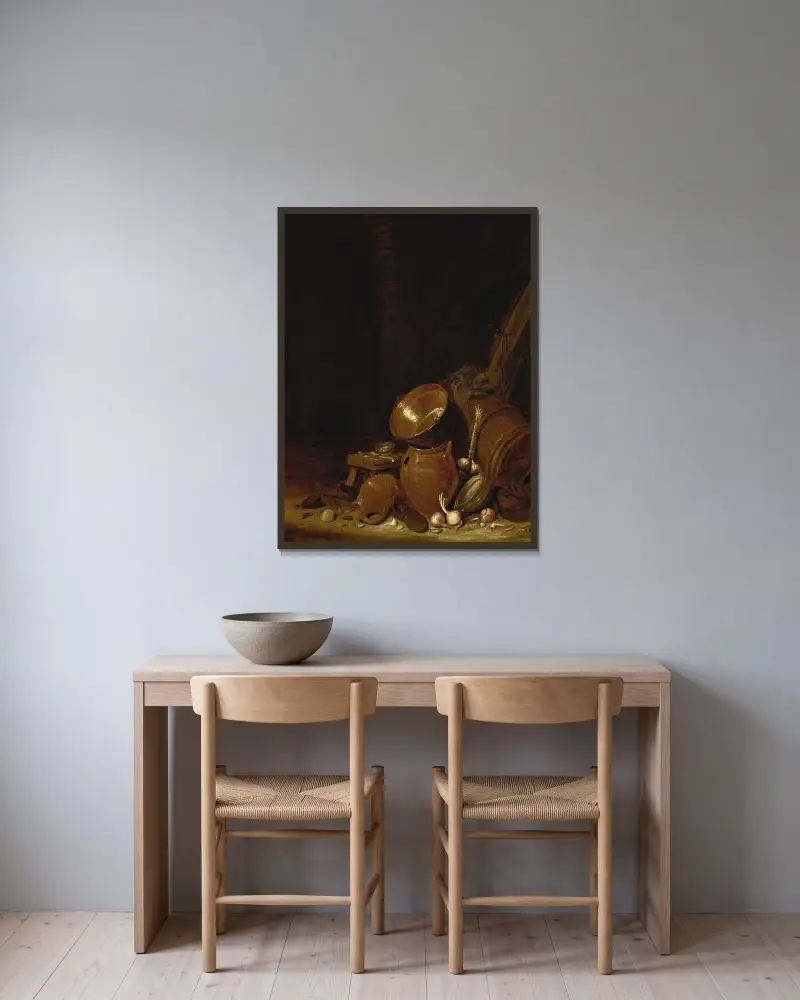 Kücheninterieur, 1638 von Willem Kalf gerahmt an einer Wand