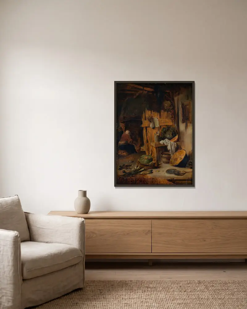 Kücheninterieur mit Frau am Herd von Willem Kalf gerahmt an einer Wand