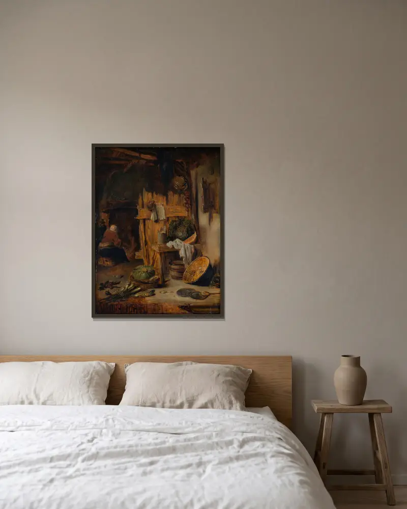 Kücheninterieur mit Frau am Herd von Willem Kalf gerahmt an einer Wand