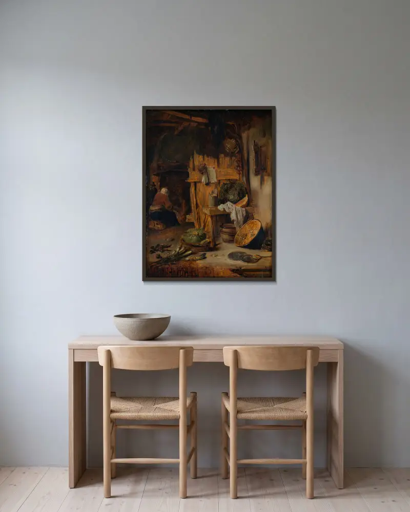 Kücheninterieur mit Frau am Herd von Willem Kalf gerahmt an einer Wand