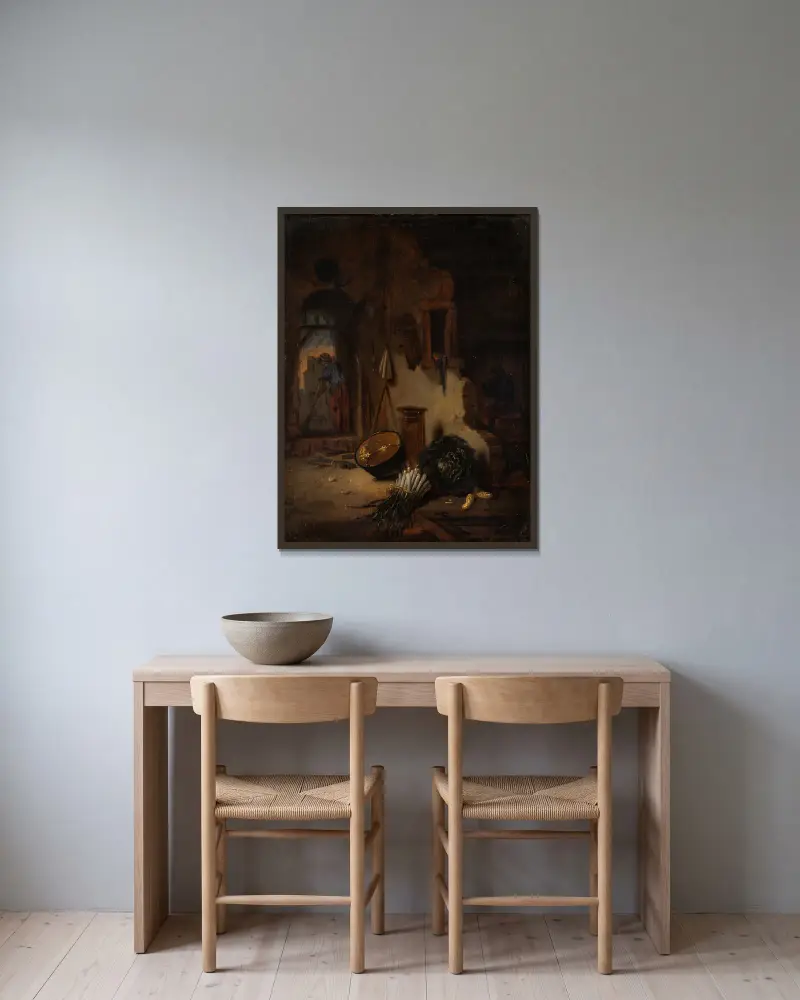 Köksinteriör med kvinna som sopar av Willem Kalf inramad på en vägg