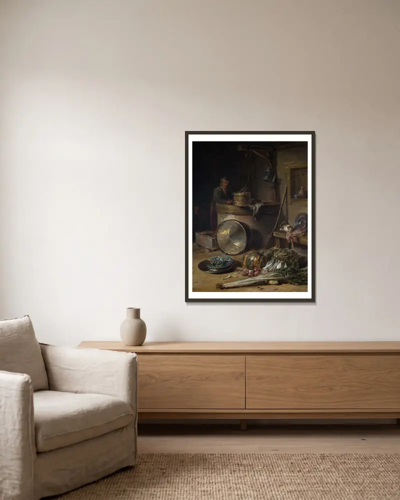 Bondinteriör med kvinna vid en brunn av Willem Kalf inramad på en vägg