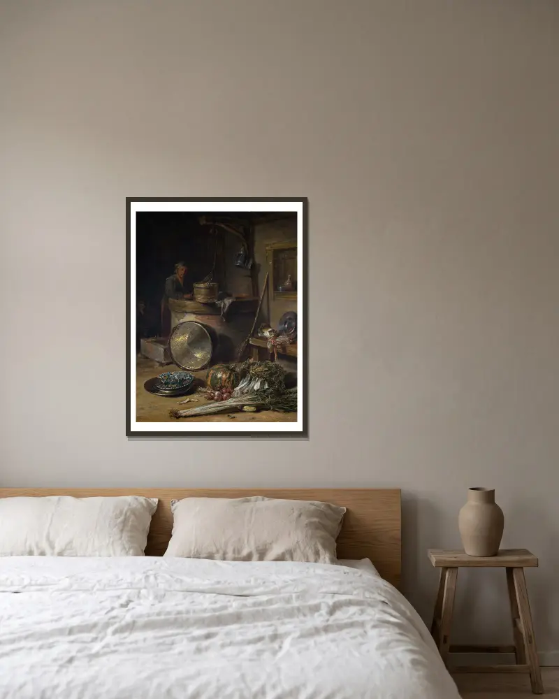 Bondinteriör med kvinna vid en brunn av Willem Kalf inramad på en vägg
