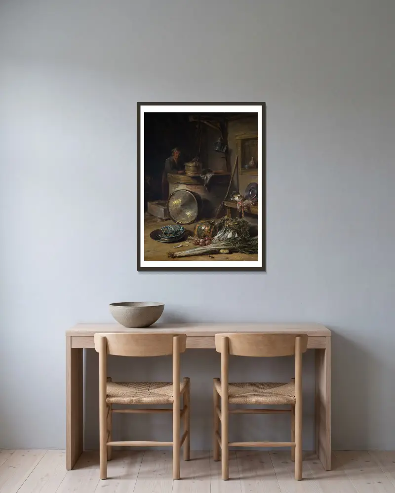 Bondinteriör med kvinna vid en brunn av Willem Kalf inramad på en vägg