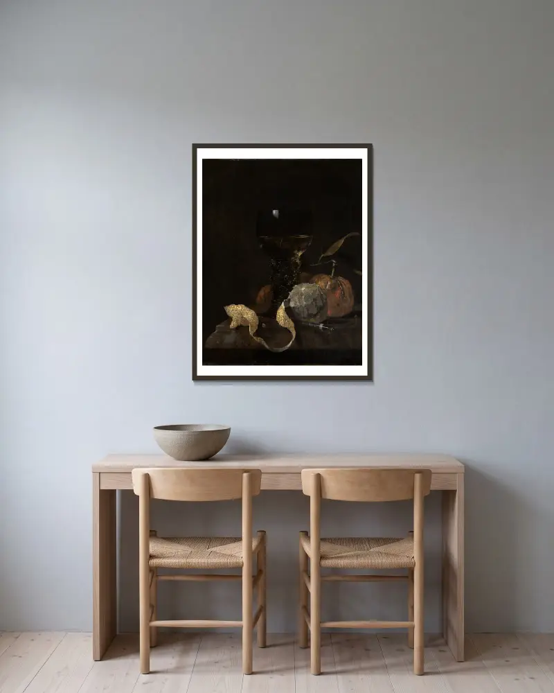 Stilleben med römer, citron och apelsiner av Willem Kalf inramad på en vägg