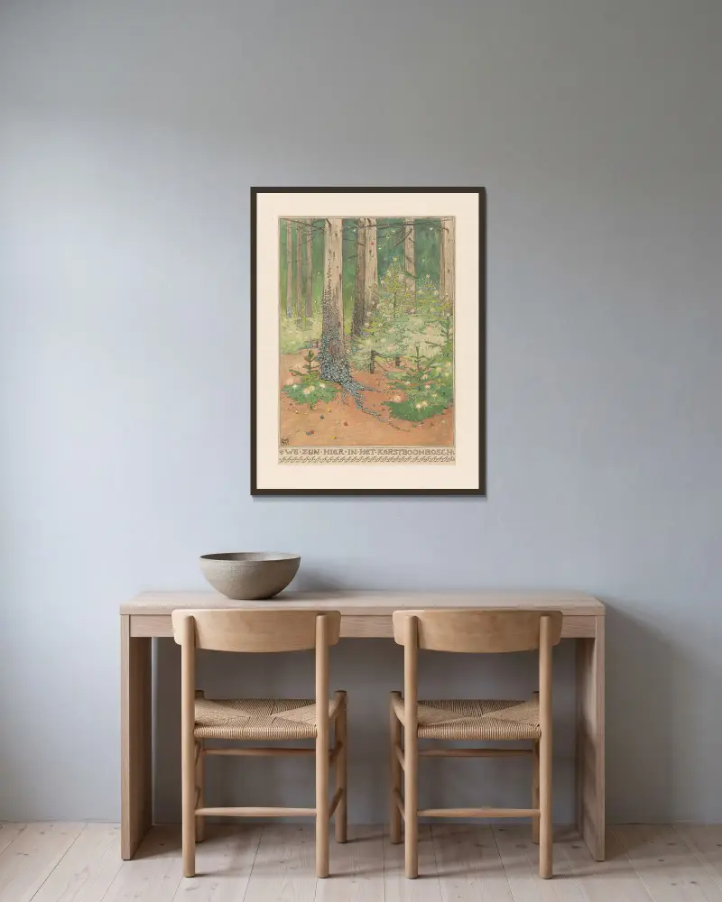 Skog med dekorerade och upplysta julgranar av Willem Wenckebach inramad på en vägg