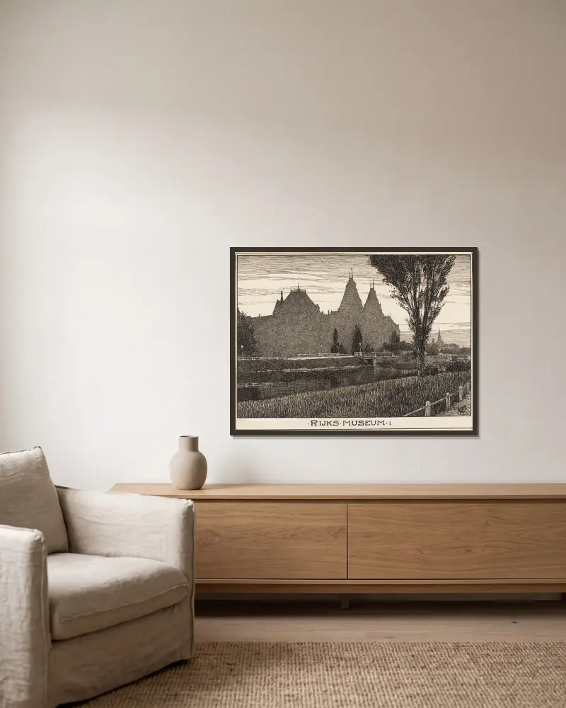 Rijksmuseum i Amsterdam, sett från Stadhouderskade av Willem Wenckebach inramad på en vägg