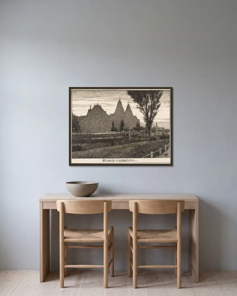 Rijksmuseum i Amsterdam, sett från Stadhouderskade av Willem Wenckebach inramad på en vägg