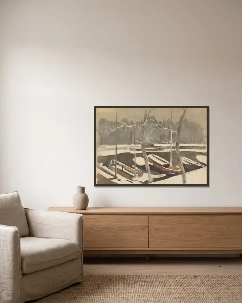 Vertäute Boote in einem verschneiten Kanal von Willem Witsen gerahmt an einer Wand