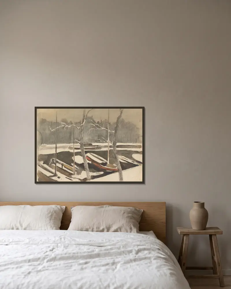 Vertäute Boote in einem verschneiten Kanal von Willem Witsen gerahmt an einer Wand