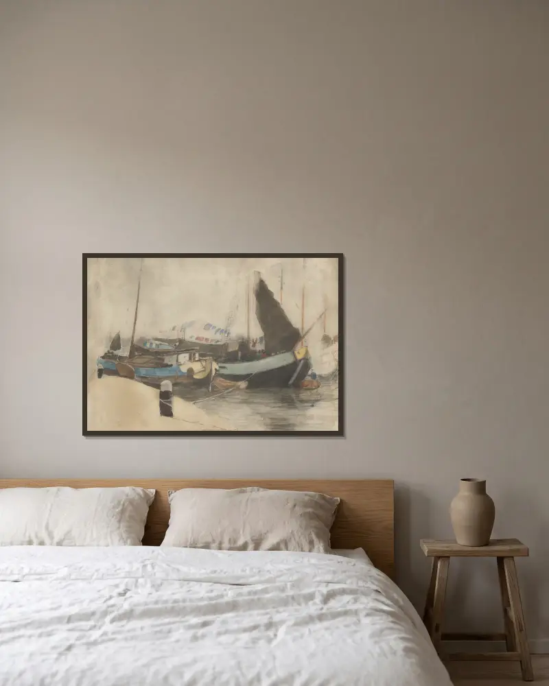 Gemeerde schuiten av Willem Witsen inramad på en vägg