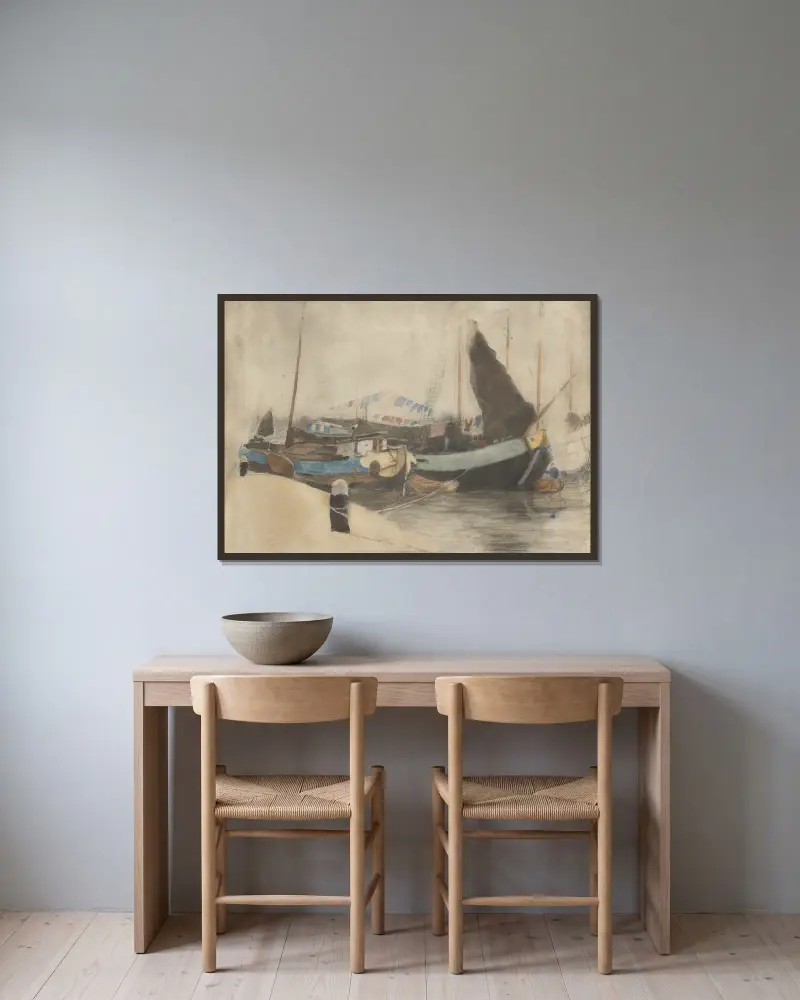 Gemeerde schuiten av Willem Witsen inramad på en vägg