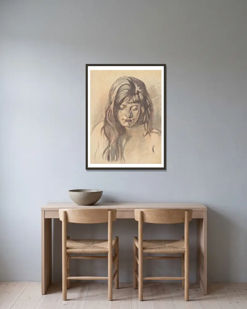 Portret van een meisje, met neergeslagen blik av Willem Witsen inramad på en vägg