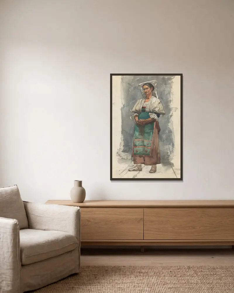 Stehende Frau in Tracht von Willem Witsen gerahmt an einer Wand