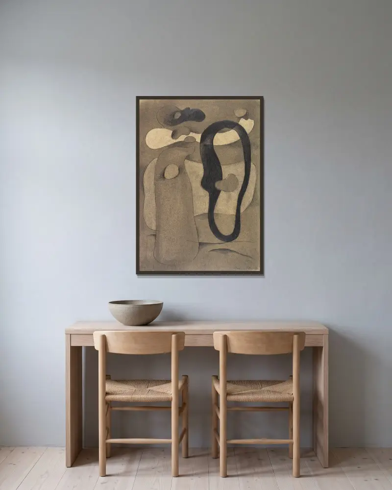 Figur mit dunkler Form av Willi Baumeister inramad på en vägg