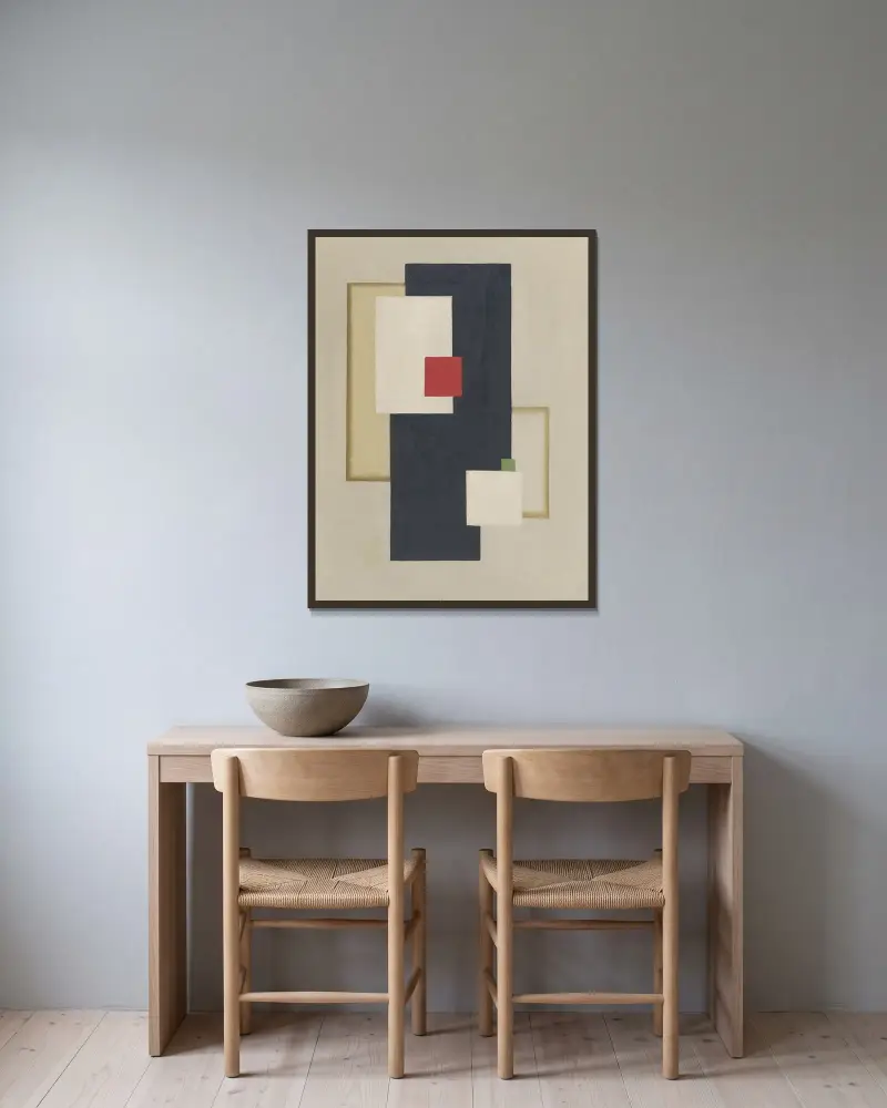 Flächenspannung, 1925 av Willi Baumeister inramad på en vägg