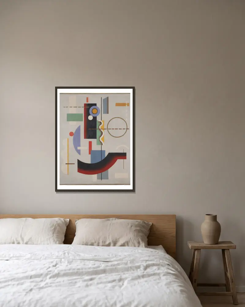 Geometrical floating forms av Willi Baumeister inramad på en vägg