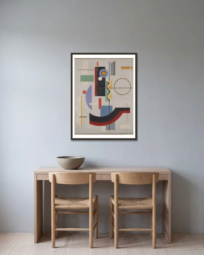 Geometrical floating forms av Willi Baumeister inramad på en vägg