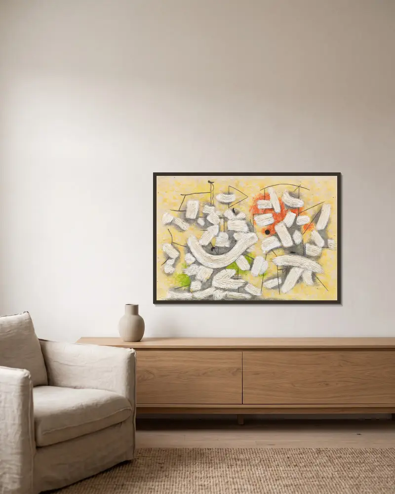 Kammzugfiguren von Willi Baumeister gerahmt an einer Wand
