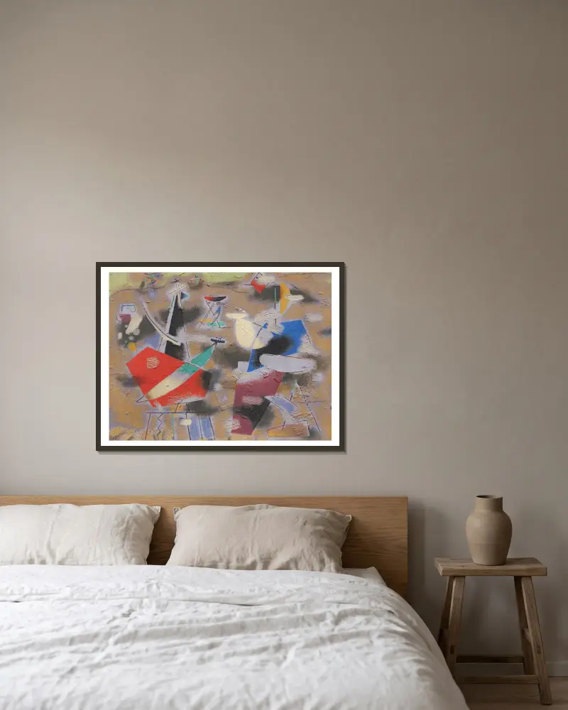 Ländliche Komposition (Violettes Bild) av Willi Baumeister inramad på en vägg