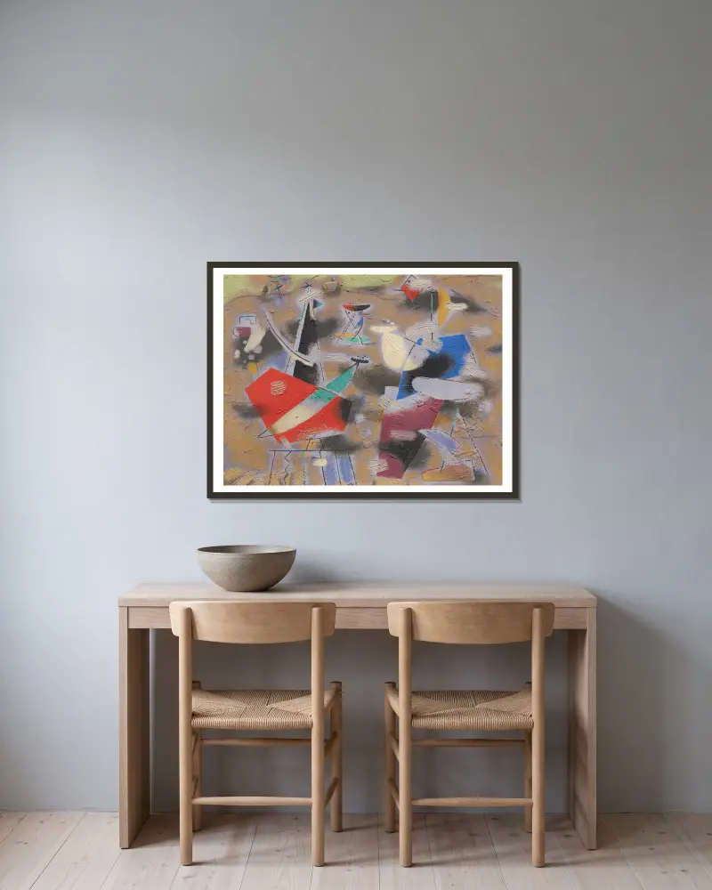 Ländliche Komposition (Violettes Bild) av Willi Baumeister inramad på en vägg