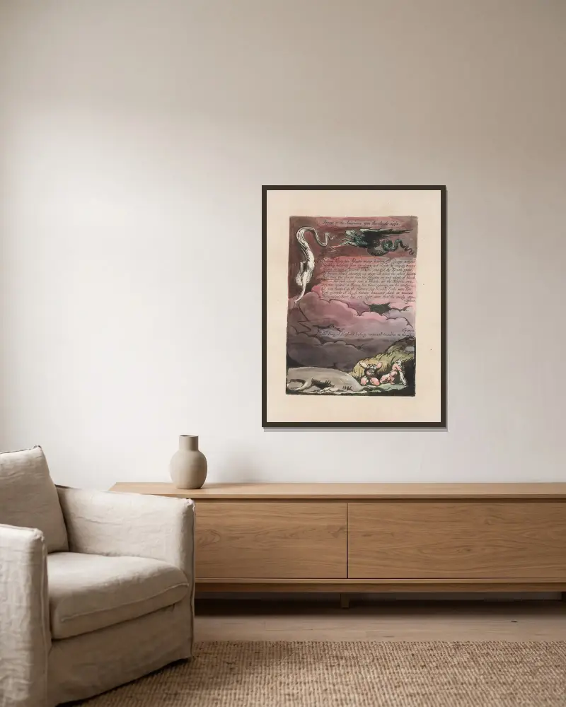 Amerika, en profetia, plansch 6 av William Blake inramad på en vägg