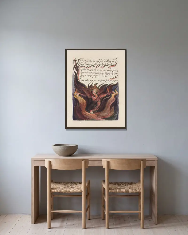 America, a prophecy Pl.12 av William Blake inramad på en vägg