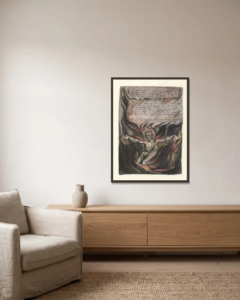 America, a Prophecy – nr 1 av William Blake inramad på en vägg