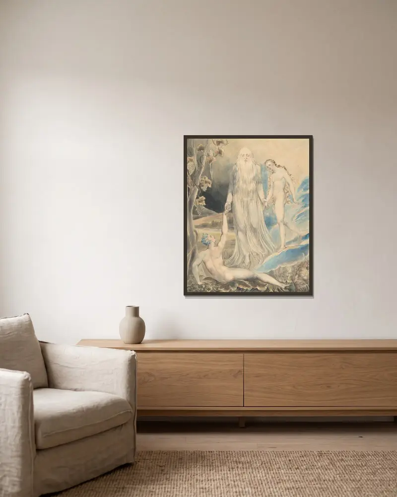 Ängeln med den gudomliga närvaron för Eva till Adam av William Blake inramad på en vägg