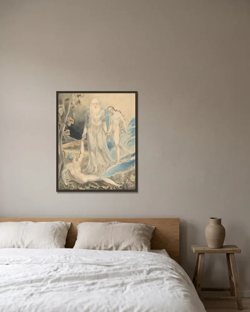 Ängeln med den gudomliga närvaron för Eva till Adam av William Blake inramad på en vägg