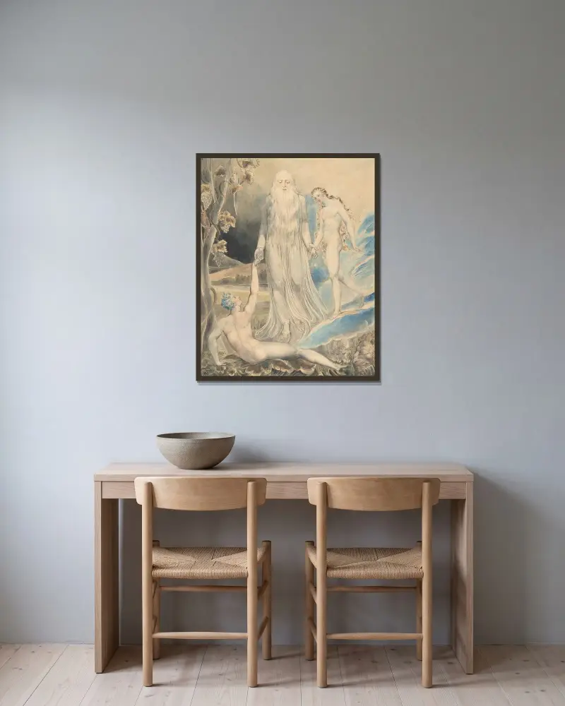 Ängeln med den gudomliga närvaron för Eva till Adam av William Blake inramad på en vägg