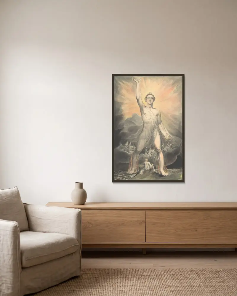 Ängeln från Uppenbarelseboken (Uppenbarelseboken, kapitel 10) av William Blake inramad på en vägg