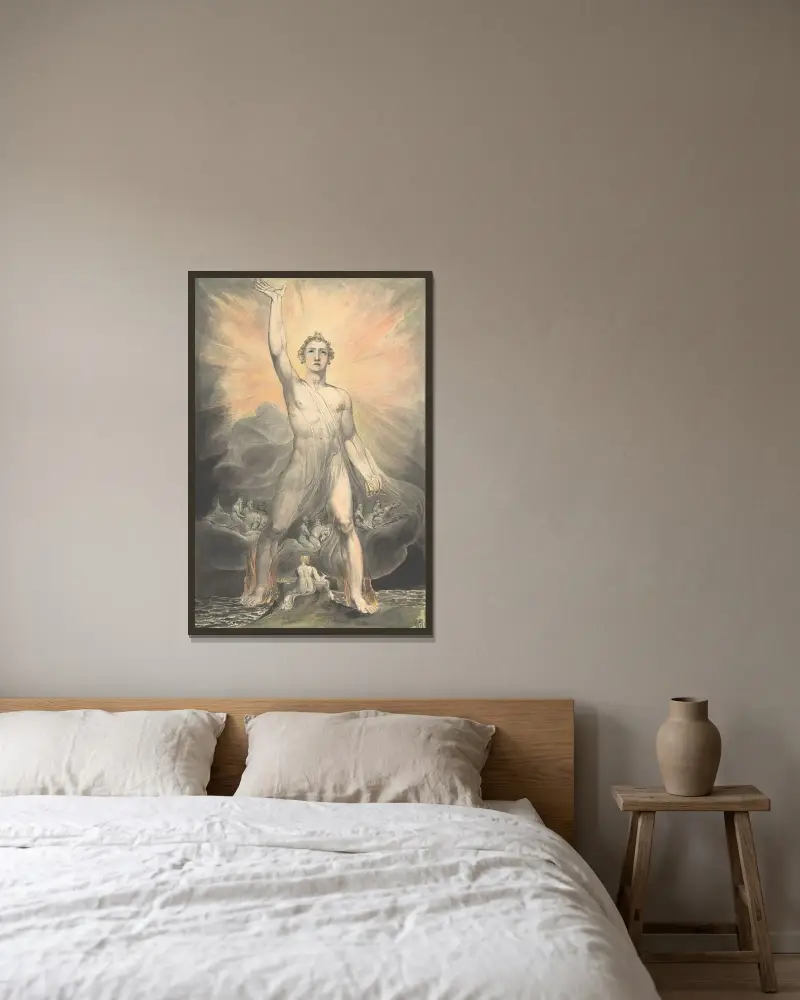 Ängeln från Uppenbarelseboken (Uppenbarelseboken, kapitel 10) av William Blake inramad på en vägg