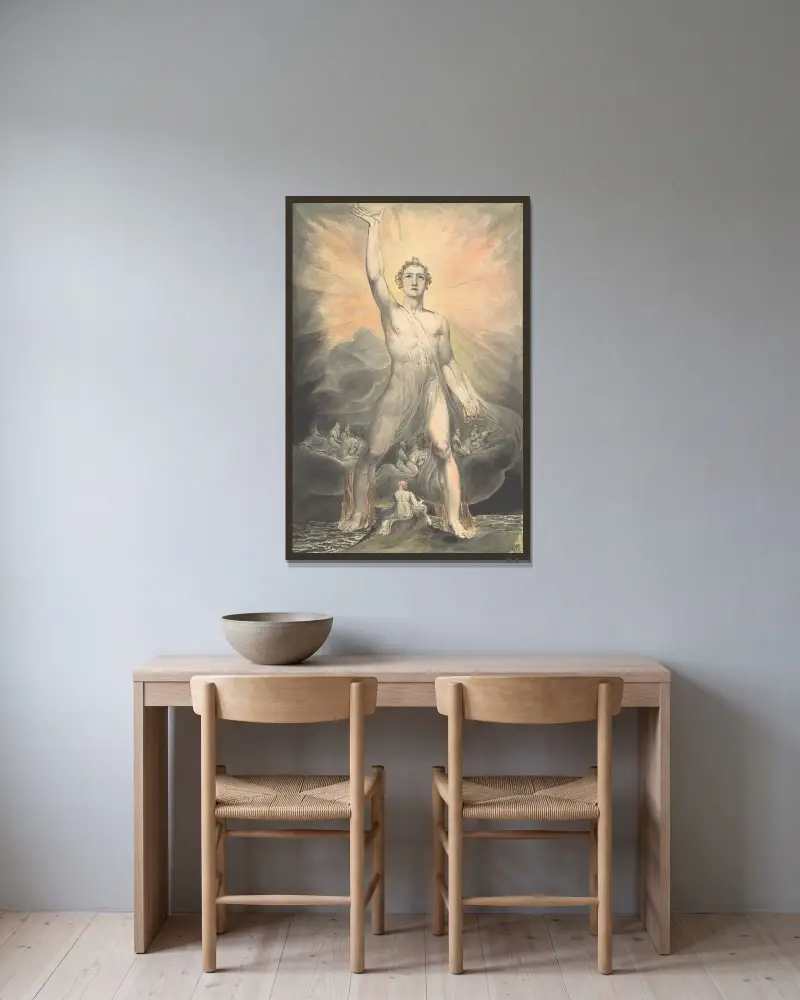 Ängeln från Uppenbarelseboken (Uppenbarelseboken, kapitel 10) av William Blake inramad på en vägg