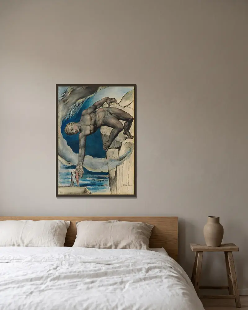 Antaios sätter ner Dante och Vergilius i helvetets sista krets av William Blake inramad på en vägg