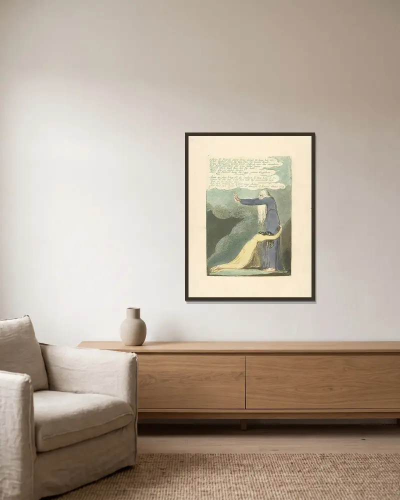 Arise O Rintrah…., 1794 – nr 1 av William Blake inramad på en vägg