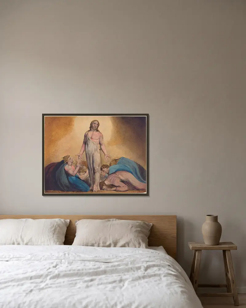 Kristus uppenbarar sig för sina lärjungar efter uppståndelsen av William Blake inramad på en vägg