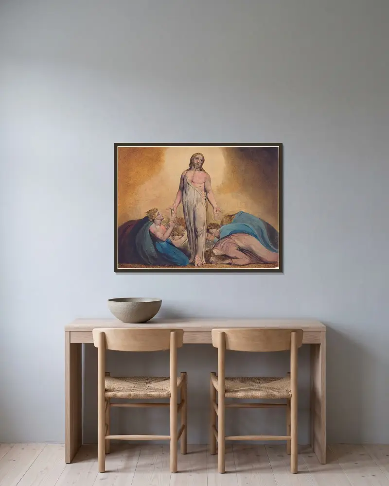 Kristus uppenbarar sig för sina lärjungar efter uppståndelsen av William Blake inramad på en vägg