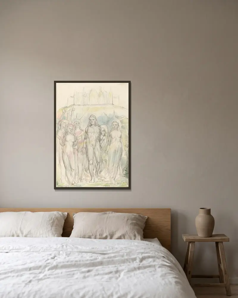 Kristen med trons sköld tar farväl av sina följeslagare av William Blake inramad på en vägg