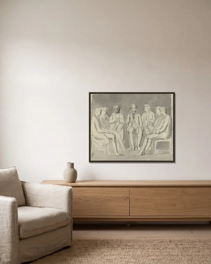 Grupp av män sittande i en cirkel (recto) av William Blake inramad på en vägg