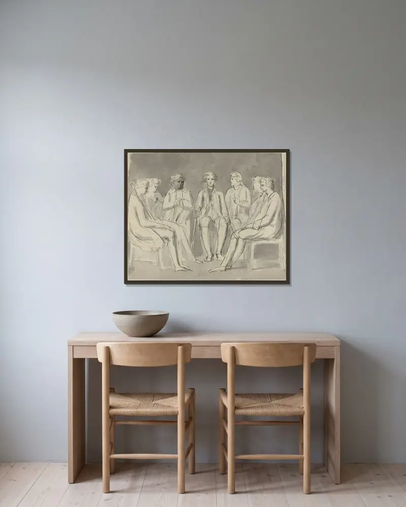 Grupp av män sittande i en cirkel (recto) av William Blake inramad på en vägg