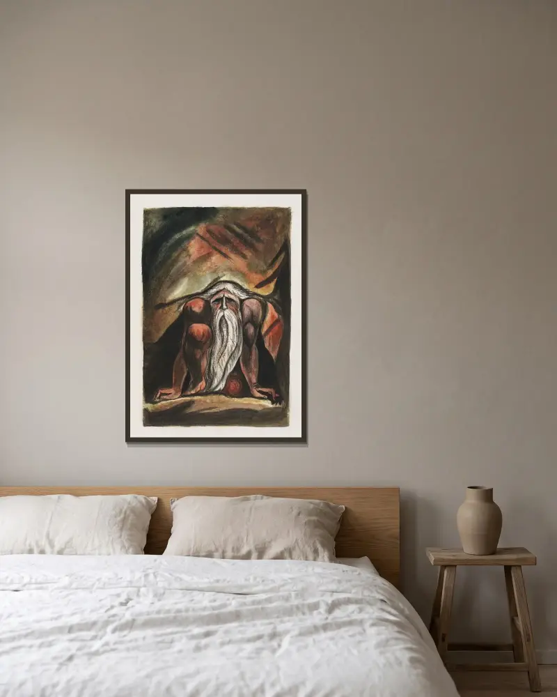 Illustration of a bearded man, crouching av William Blake inramad på en vägg