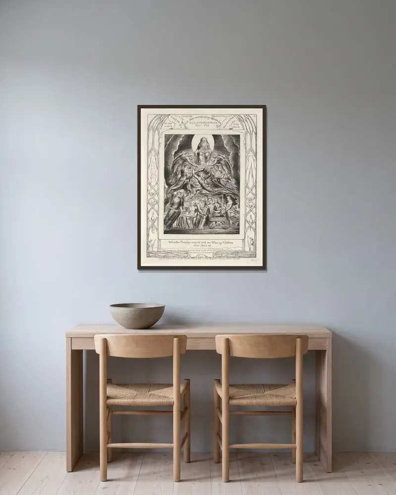 Illustrationer till Jobs bok, plansch 3 av William Blake inramad på en vägg