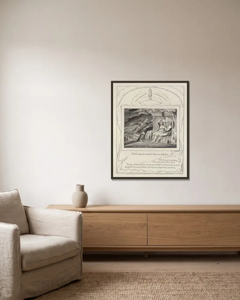 Illustrationer till Jobs bok, plansch 5 av William Blake inramad på en vägg