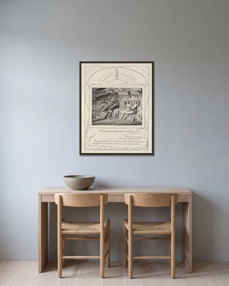 Illustrationer till Jobs bok, plansch 5 av William Blake inramad på en vägg