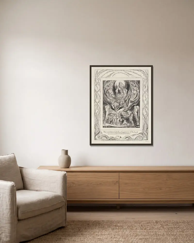 Illustrationer till Jobs bok, plansch 6 av William Blake inramad på en vägg
