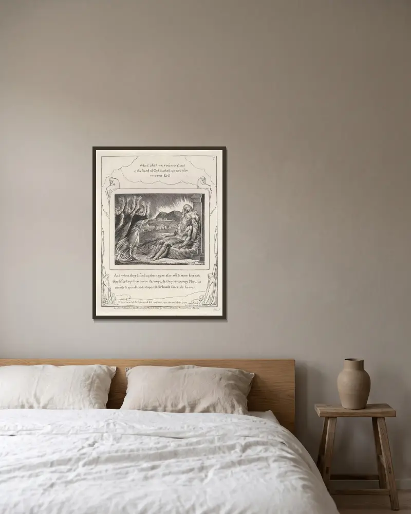 Illustrationer till Jobs bok, plansch 8 av William Blake inramad på en vägg