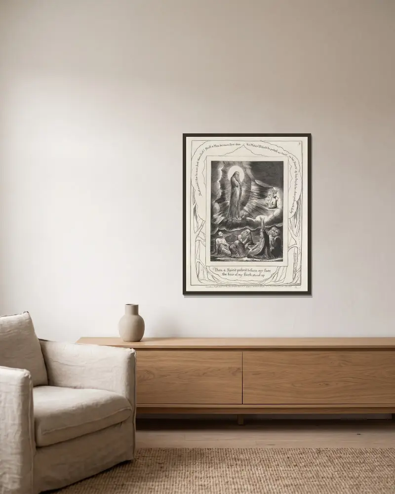 Illustrationer till Jobs bok, plansch 10 av William Blake inramad på en vägg