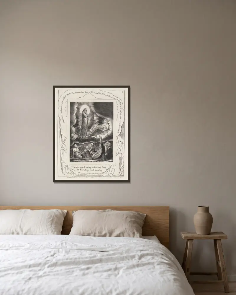 Illustrationer till Jobs bok, plansch 10 av William Blake inramad på en vägg