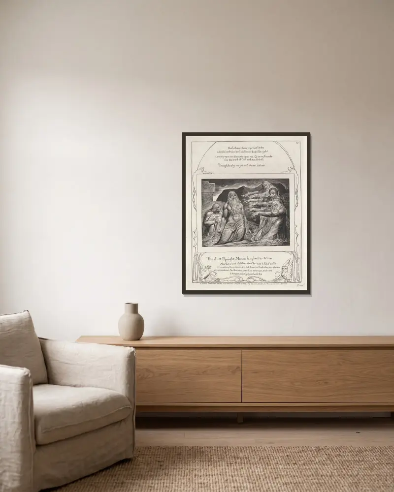 Illustrationer till Jobs bok, plansch 11 av William Blake inramad på en vägg